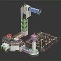 Cartoon Sci Fi Scene With Futuristic Tower Platform Circular Dome Runway And Geometric Design