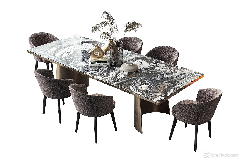 Modern Dining Table Set With Marble Tabletop Six Gray Chairs And Decorative Items 3d model 