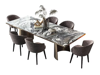 Modern Dining Table Set With Marble Tabletop Six Gray Chairs And Decorative Items 3d model