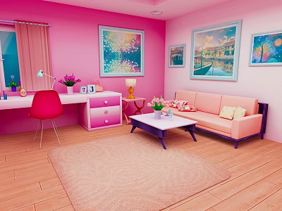 Cartoon Style Living Room With Pink Walls Red Chair Sofa Coffee Table And Wooden Floor 3d model