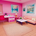 Cartoon Style Living Room With Pink Walls Red Chair Sofa Coffee Table And Wooden Floor