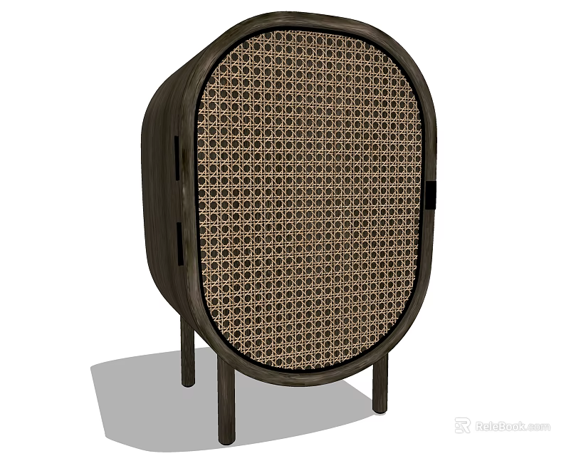 Modern Oval Bedside Table With Woven Cane Panel And Dark Wood Thin Legs 3d model
