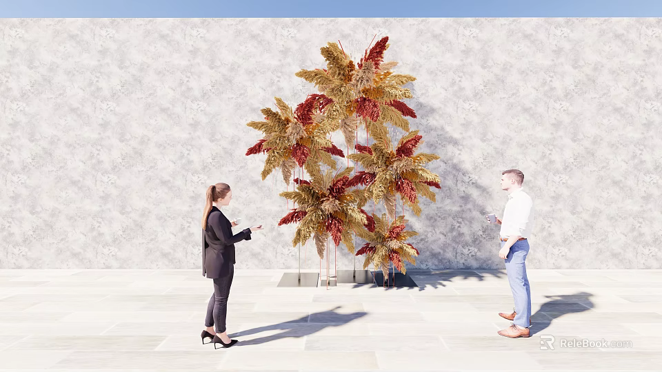 People Posing At Check in Photo Spot With Large Decorative Plant And Golden Red Leaves 3d model 