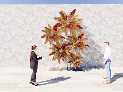 People Posing At Check in Photo Spot With Large Decorative Plant And Golden Red Leaves 3d model