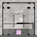 Modern Glass Double Doors With Black Metal Frame And Marble Wall Interior