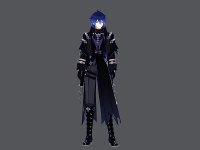 Man With Blue Hair Wearing Black And Purple Outfit Long Coat Boots And Sword 3d model