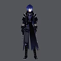 Man With Blue Hair Wearing Black And Purple Outfit Long Coat Boots And Sword