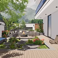 Beautiful Garden Patio Design With Wooden Deck Sofa Fire Pit And Green Plants