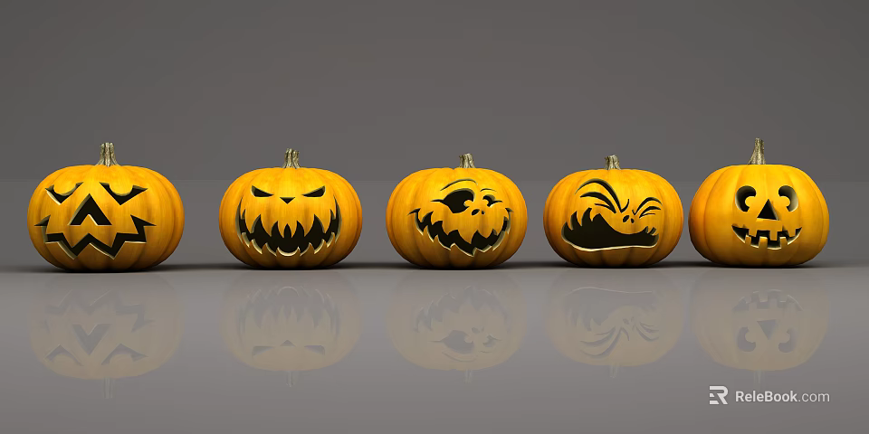 Halloween Pumpkin Lanterns With Carved Faces Different Designs On Gray Background With Reflection 3d model 
