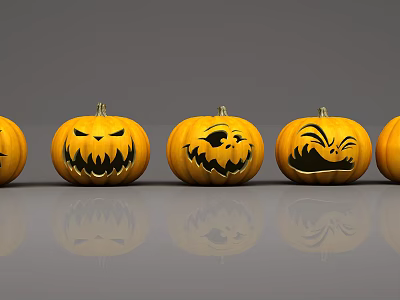 Halloween Pumpkin Lanterns With Carved Faces Different Designs On Gray Background With Reflection 3d model