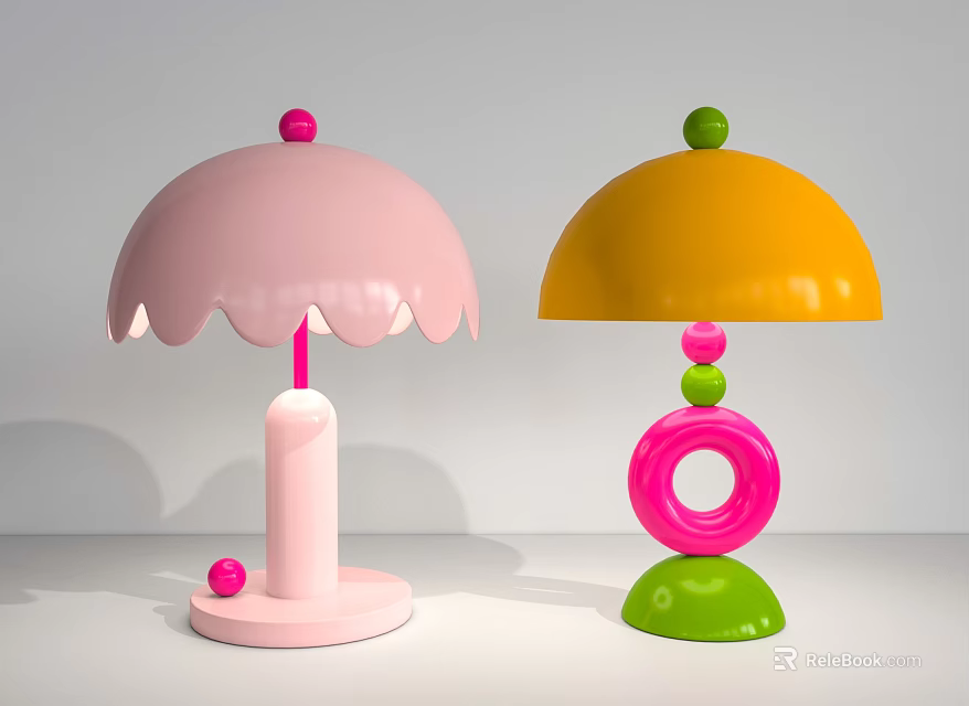Playful Colorful Table Lamps With Umbrella Shaped Shades And Spherical Decorations 3d model 