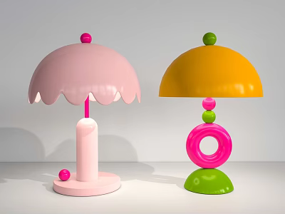 Playful Colorful Table Lamps With Umbrella Shaped Shades And Spherical Decorations 3d model