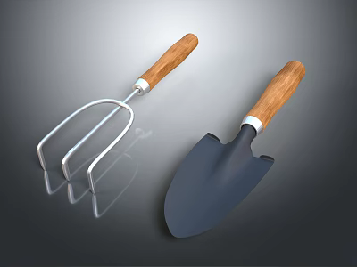Durable Garden Hardware Tools with Wooden Handles and Black Metal Fork Shovel 3d model