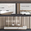 Light Brown Vertical Striped Reception Background Wall With LOGO Marble Front Desk And Decorative Elements 3d model
