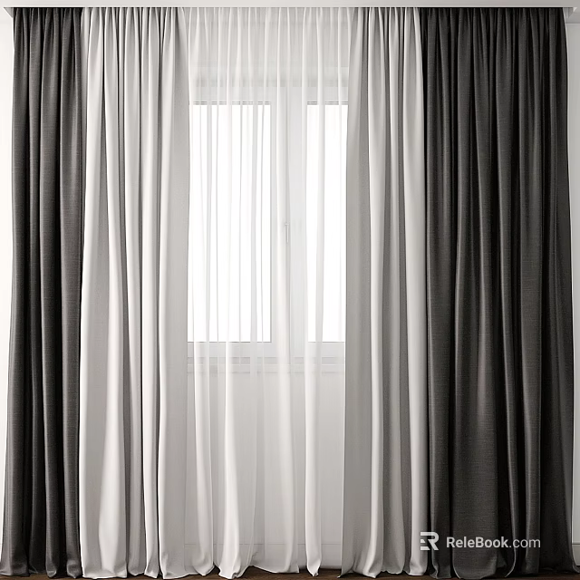 Modern Dark And Light Gray Curtains With Double Layer Light Filtering Design For Window Interior 3d model 