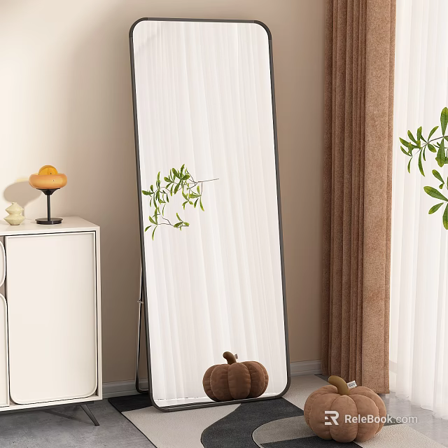 Full Length Floor Mirror With White Cabinet Greenery And Curtain Decor 3d model 
