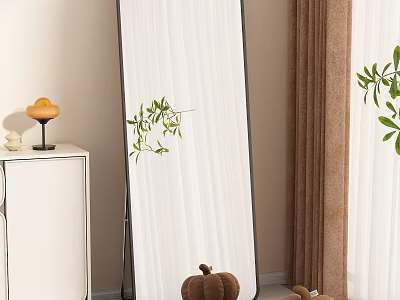 Full Length Floor Mirror With White Cabinet Greenery And Curtain Decor 3d model