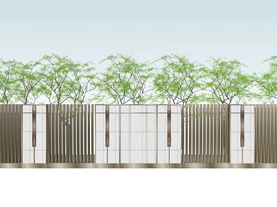 Modern Scenic Wall Design With Vertical Metal Slats And Green Trees 3d model