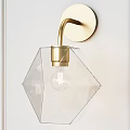 Modern Brass Wall Sconce with Transparent Diamond Shaped Glass Shade and Clear Bulb