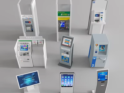 Various Modern Commercial Self Service Terminals With Interactive Screens And ATM Features 3d model