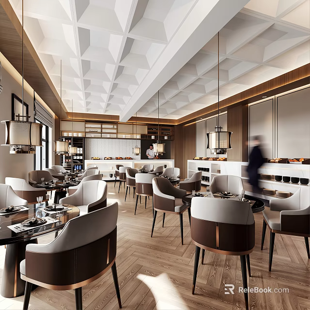Elegant Modern Banquet Hall Interior Design With Geometric Ceiling Hanging Lamps And Dining Tables 3d model 