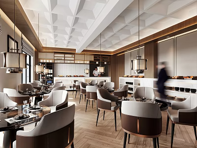 Elegant Modern Banquet Hall Interior Design With Geometric Ceiling Hanging Lamps And Dining Tables 3d model