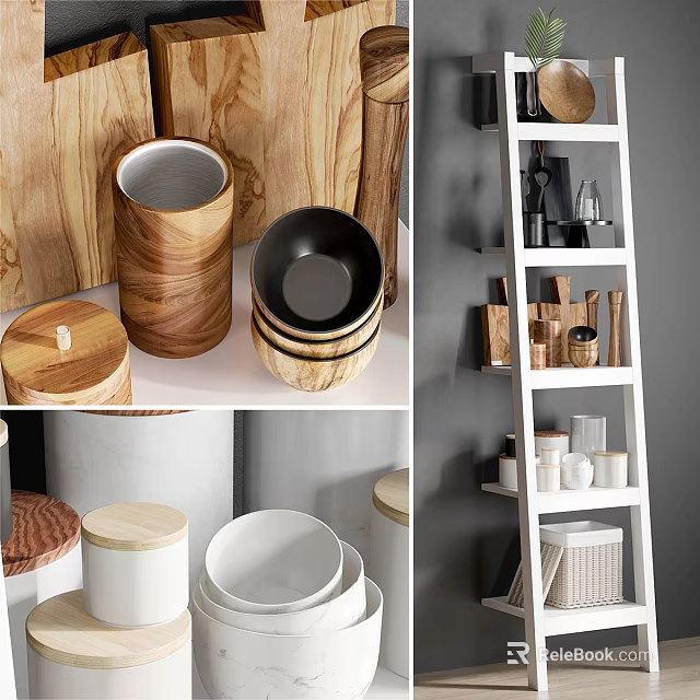 Wooden and White Kitchenware Including Bowls Jars and Storage Containers on Ladder Shelf 3d model 