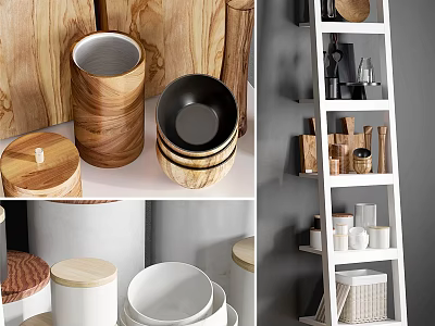 Wooden and White Kitchenware Including Bowls Jars and Storage Containers on Ladder Shelf 3d model