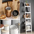 Wooden and White Kitchenware Including Bowls Jars and Storage Containers on Ladder Shelf