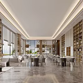 Spacious Modern Sales Office Interior With Bookshelves Round Tables Sofas And Floor To Ceiling Windows