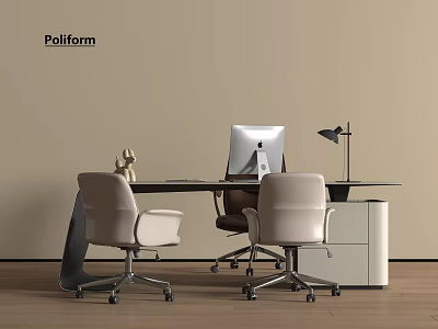 Modern Office Desk Design With Computer Monitor Desk Lamp And Chairs 3d model