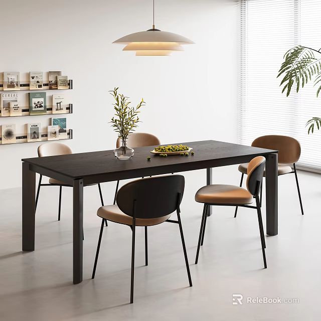 Modern Dining Table Set With Dark Wooden Table Black Brown Chairs In Bright Room With Plants 3d model 