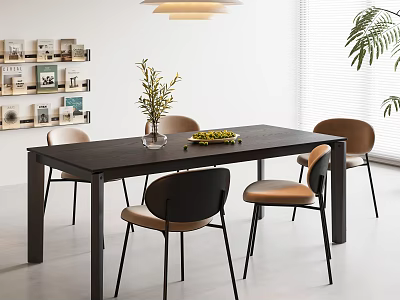 Modern Dining Table Set With Dark Wooden Table Black Brown Chairs In Bright Room With Plants 3d model