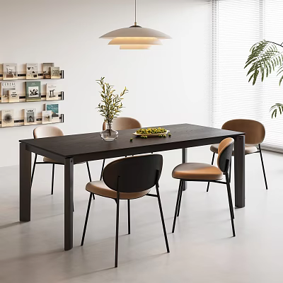 Modern Dining Table Set With Dark Wooden Table Black Brown Chairs In Bright Room With Plants 3d model