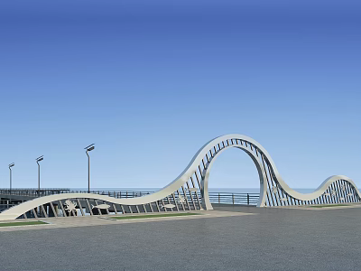 Modern Curved Bridge With Blue Sky Sea Street Lamps And Pavement 3d model