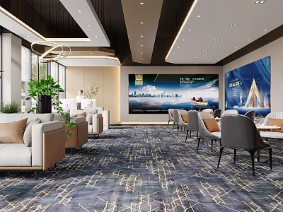Modern Leisure Area With Sofa Chairs Green Plants And Large Decorative Painting 3d model
