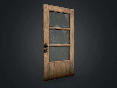 Vintage Wooden Door With Three Glass Panels And Metal Door Knob 3d model