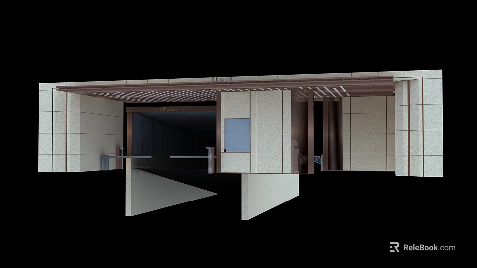 Modern Entrance Gate Design With Stone Walls Metal Frames And Glass Doors 3d model 