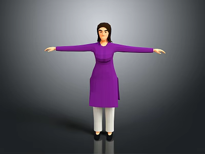 3D Rendered Woman In Purple Dress And White Pants With Arms Outstretched On Gray Background 3d model