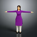 3D Rendered Woman In Purple Dress And White Pants With Arms Outstretched On Gray Background