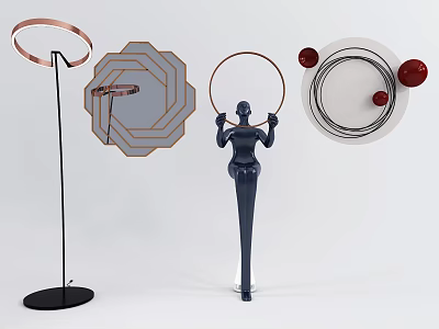 Modern Wall Decor with Circular Rings Geometric Patterns Red Spheres and Sculptural Design 3d model