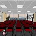 Modern Conference Room Interior With Long Table Red Chairs Ceiling Lights And City View Windows