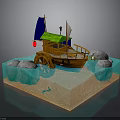 3D Model Wooden Boat With Green Roof Blue White Sails Rocks Water Sand And Fish