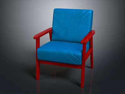 Comfortable Blue Upholstered Chair With Red Wooden Arms Backrest And Legs 3d model