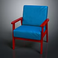 Comfortable Blue Upholstered Chair With Red Wooden Arms Backrest And Legs