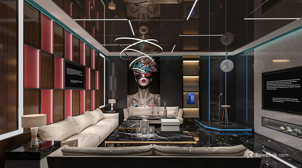 KTV Modern Luxury Interior With Comfortable Sofa Stylish Lighting And Bar Counter 3d model 