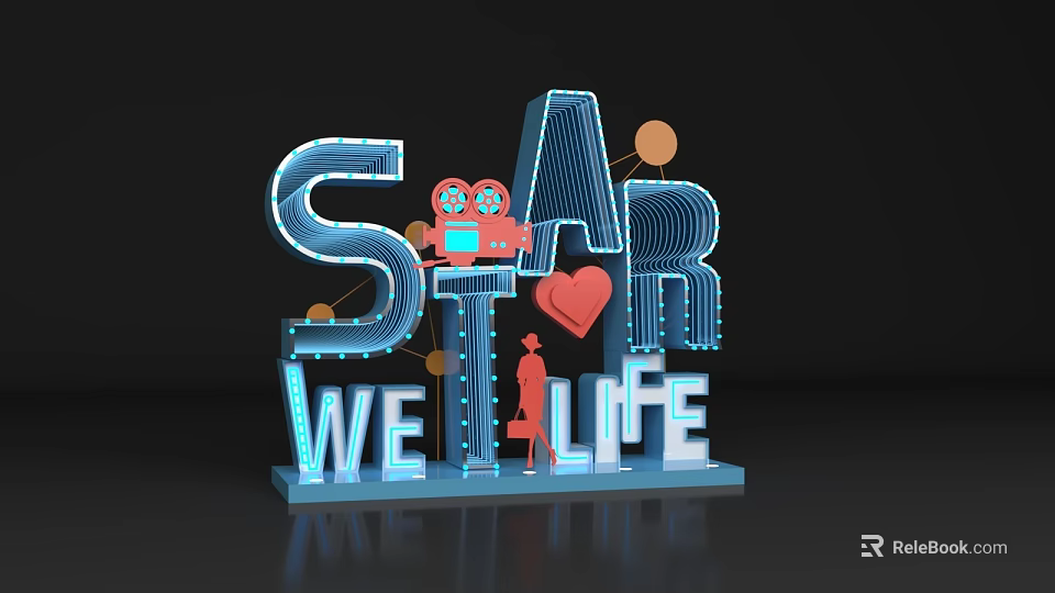 3D Star We Life Text Design With Neon Lights Movie Projector Heart And Figure 3d model 