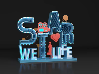 3D Star We Life Text Design With Neon Lights Movie Projector Heart And Figure 3d model