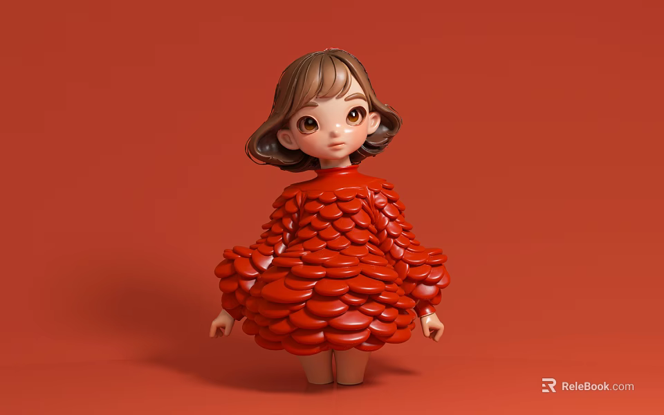 Adorable Little Girl Decorative Figurine Set With Red Dress And Red Background Design 3d model 