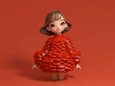 Adorable Little Girl Decorative Figurine Set With Red Dress And Red Background Design 3d model